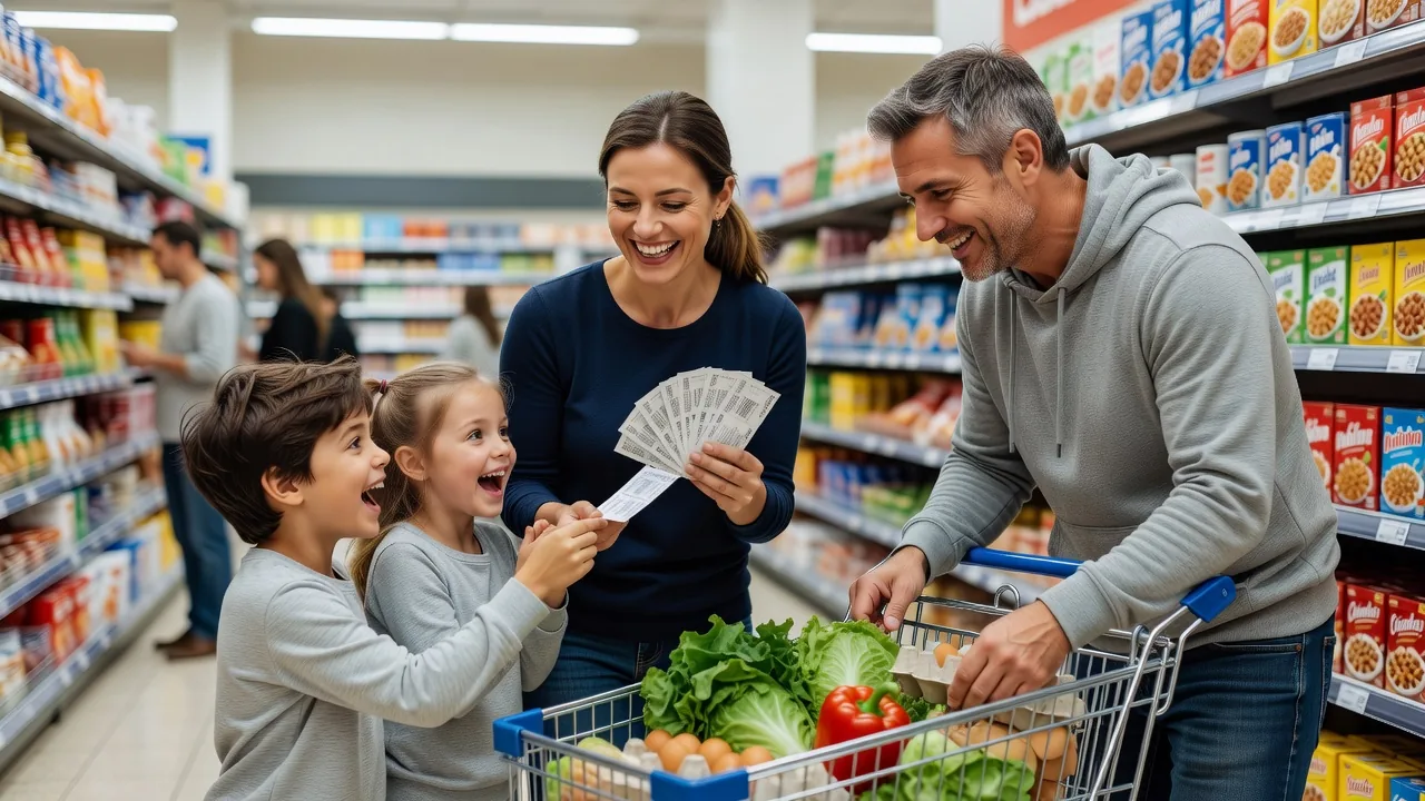 Family shopping with coupons at supermarket