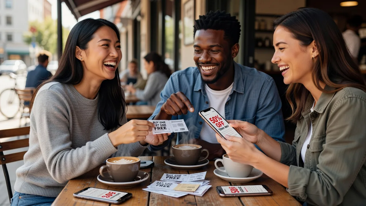 Friends sharing coupons at a cafe