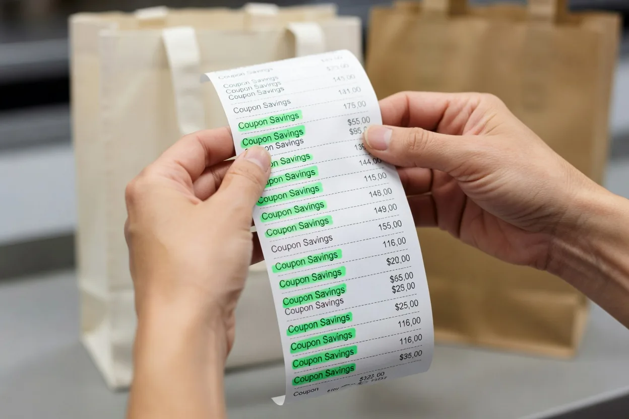 Happy shopper reviewing discount receipt