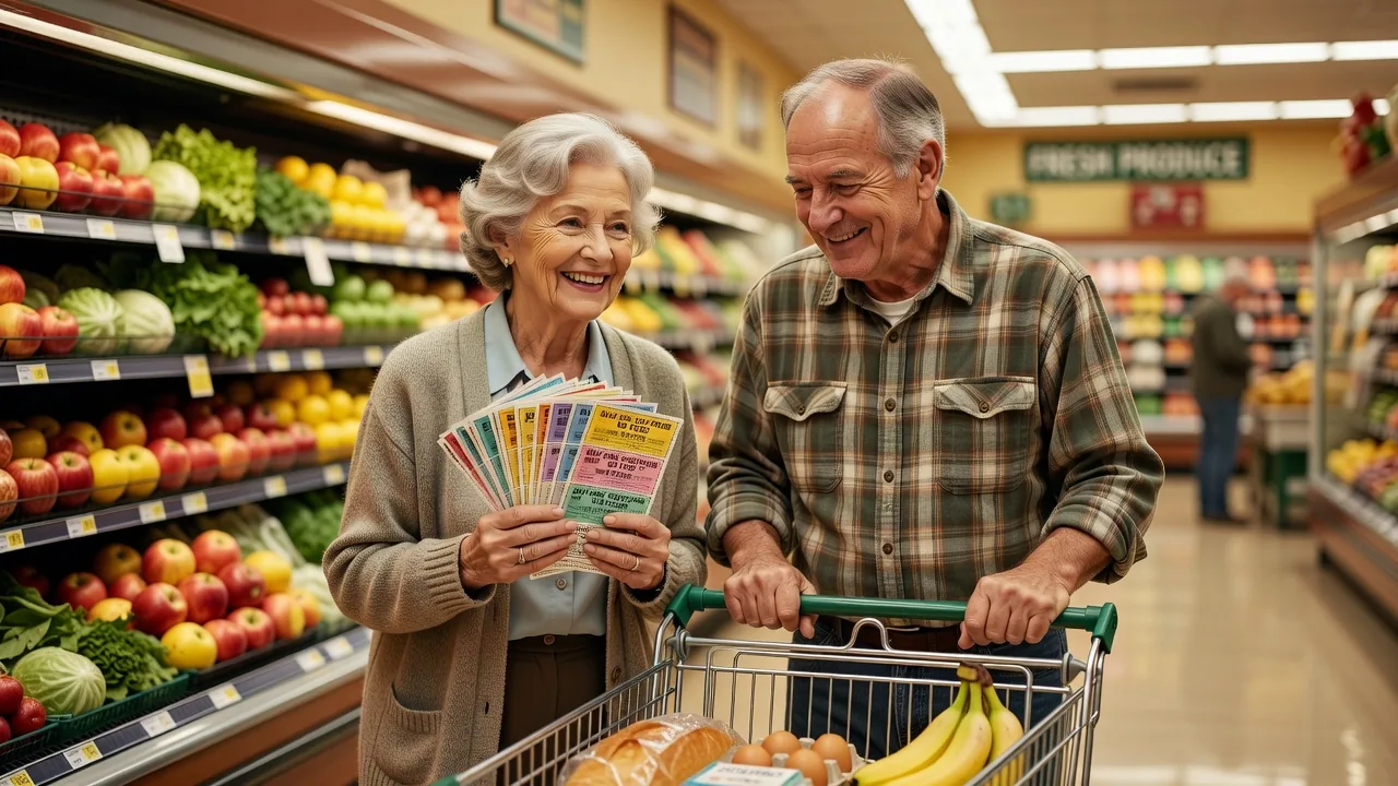 Senior couple grocery shopping with savings