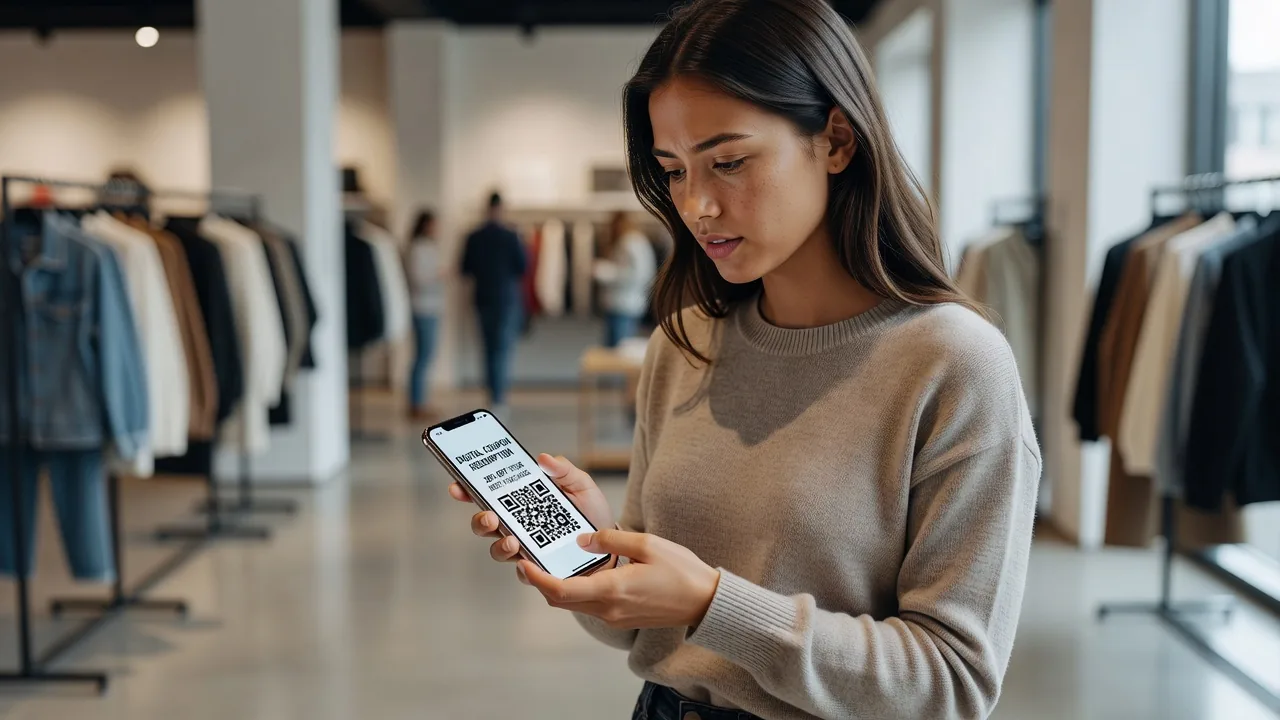 Woman using phone to access coupon in store